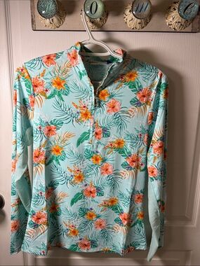 Tropical Floral Quarter-Zip Pullover - Mint with Coral & Yellow Flowers